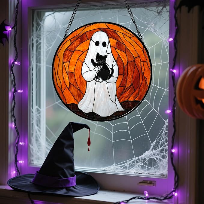 Stained Glass Window Hanging - Halloween Cute White Ghost Black Cat Suncatcher for Doors Garden Home Spooky Orange Sun Catchers Gothic Decor Horror Gift for Women Men Friend Boy Girl 9.8 in
