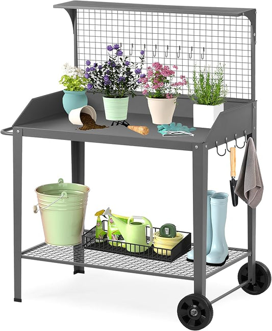 Outdoor Metal Potting Bench with Wheels, Heavy Duty Garden Workbench Table with Storage Shelf (Dark Gray, 52.8"x36.6")