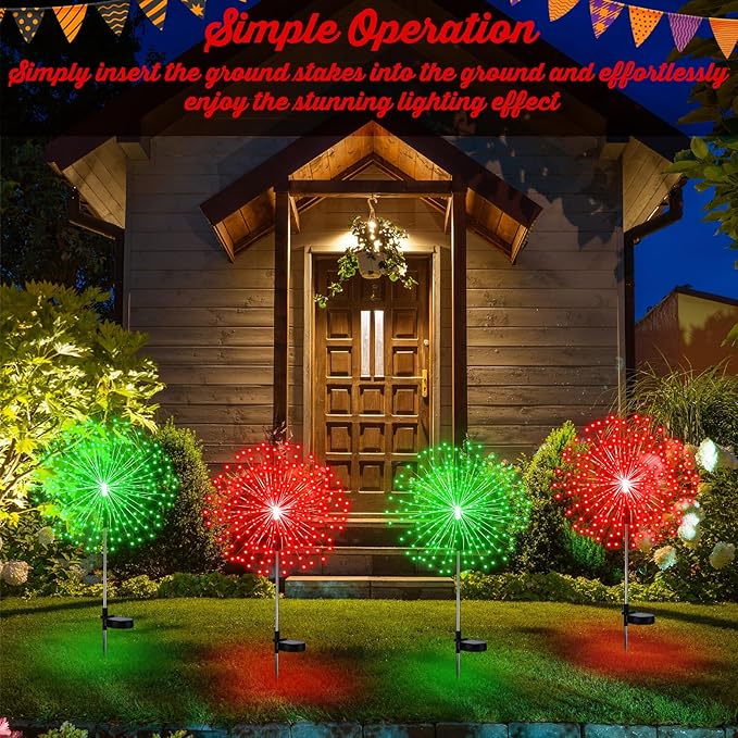 4 Pack Halloween Solar Lights Christmas Solar Firework Lights Outdoor 180 LEDs 8 Modes Waterproof Stake LED Sparkler Decoration Landscape Garden Pathway Patio Walkway Yard Lawn Decor(Red Green)