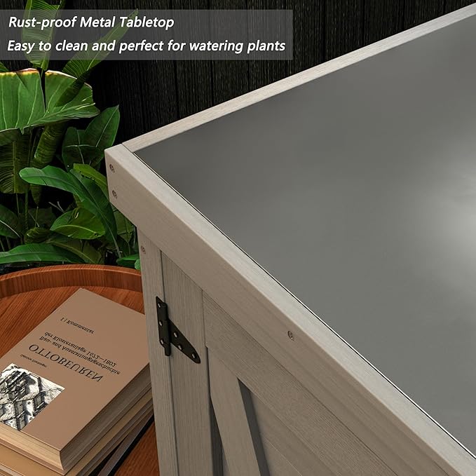 Outdoor Storage Cabinet Garden Potting Bench Table with Metal Tabletop, Solid Wood Planting Work Bench Table for Backyard Patio Lawn, 31×18×36" (Grey)