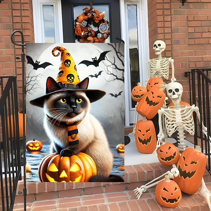 Halloween Garden Flag 12x18 Double Sided Witch Cat Garden Flag Welcome Halloween Bats Full Moon Pumpkin Flag for Outside Decor Holiday Outdoor DecorationsYard Home Banner