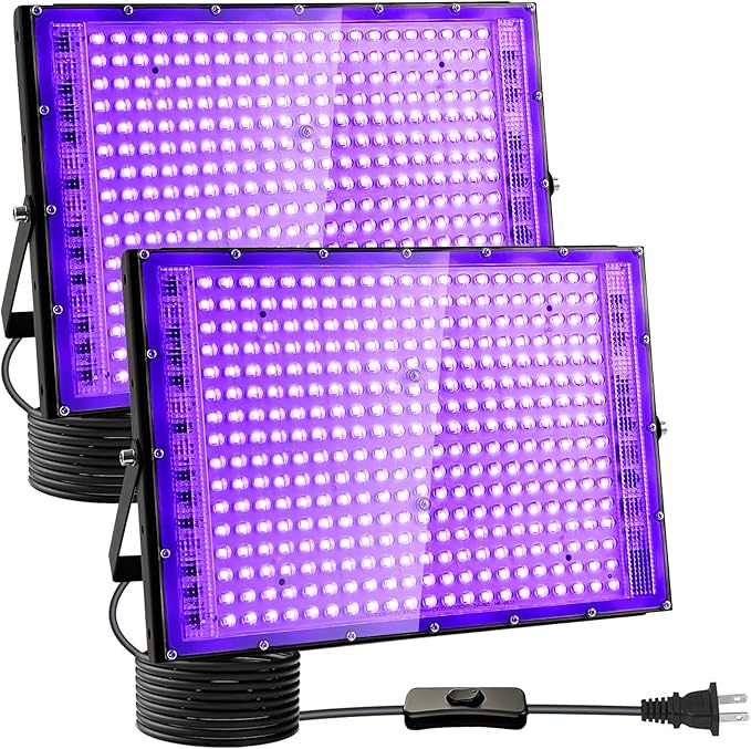 2 Pack 300W Black Lights, Blacklight Flood Light with Plug and Switch,for Glow Party, Black Light Party, Halloween, Body Paint, Neon Glow, Fluorescent Poster, Stage Lighting