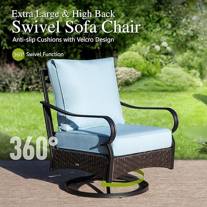 Sophia & William Extra Large Outdoor Patio Swivel Sofa Chairs Set 2 PCS Heavy-Duty Metal Porch Furniture with High Back & Deep Seating Area, 5.5" Thicken Cushions for Deck, Lawn, Outside (Blue)