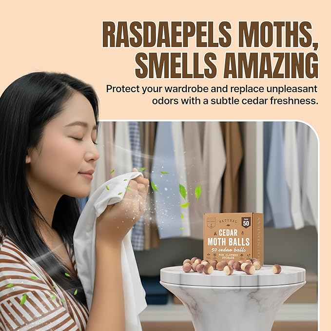 50 Cedar Balls for Clothes - Fresh Smell for Closets and Drawers - Protection for Garments - Cedarwood Closet Freshener & Protects from Moths - Wood Block for Drawer & Storage