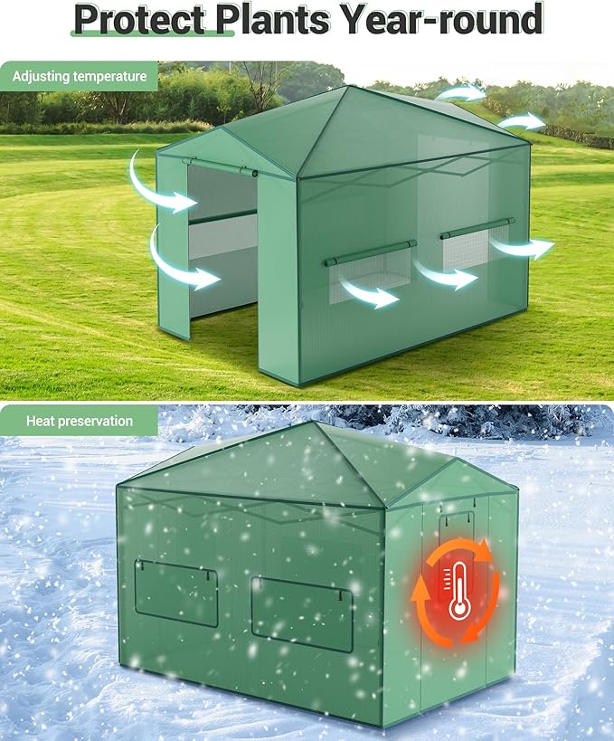 8 X 12 FT Portable Greenhouse for Indoor & Outdoor Plants, 96 X 144 Inches Durable PE Cover Pop-Up Green House Kit with Zippered Doors, Mesh Windows,Grow Tent for All Seasons - Easy to Assemble,Green