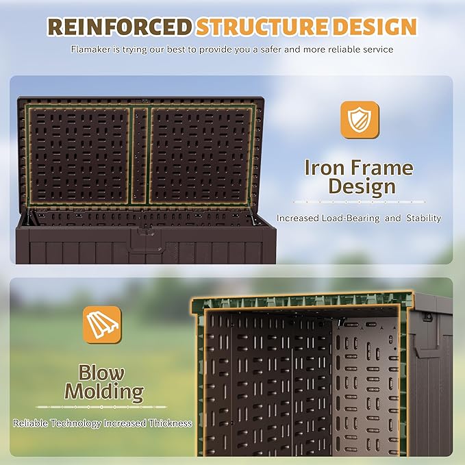 Flamaker Resin Deck Box 250 Gallon, Waterproof Imitation-Wood Lockable Storage Box with Separator Plate Outdoor Indoor, Garden, Patio Furniture for Tools&Pool Accessories (Deep Brown)