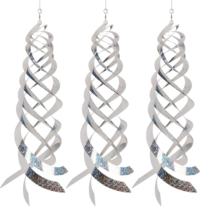 Hausse Bird Repellent Spiral Reflectors Silver Mylar Spinner, Hanging Reflective Bird Deterrent Device, Garden Decorative Scare Birds Away, Like Woodpeckers, Pigeons and Geese, 3 Pack