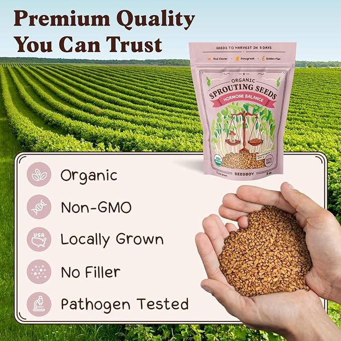 Seedboy Organic Sprouting Seeds - Hormone Balance Blend - Non-GMO USA Grown Microgreens Mix - Golden Flax, Red Clover, Fenugreek - Makes 8 Quarts of Sprouts, 24 Servings (8oz) (Hormone Balance Blend)