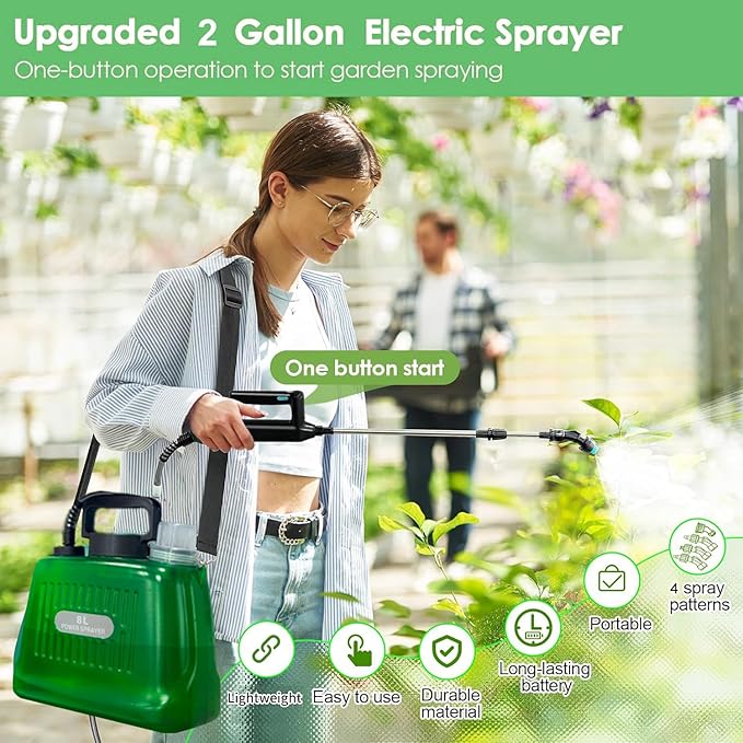 Battery Powered Sprayer 2 Gallon,Rechargeable Pump Sprayer with Adjustable Shoulder Strap,4 Mist Nozzles,Retractable Wand,Portable Water Electric Garden Sprayer for Yard Lawn Garden Watering Cleaning