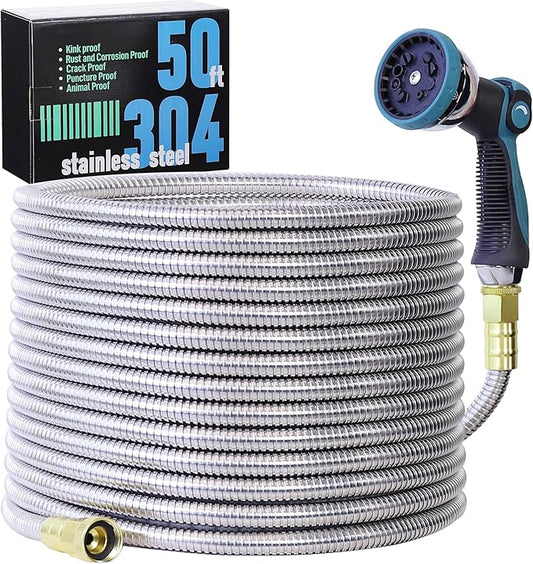 50FT Garden Hose, 304 Stainless Steel Water Hose, Flexible with a 10-Mode Nozzle Sprayer, No Kink, Lightweight, Puncture Proof, Ideal for Yard, Lawn, Outdoor, 5/8 Outside Diameter