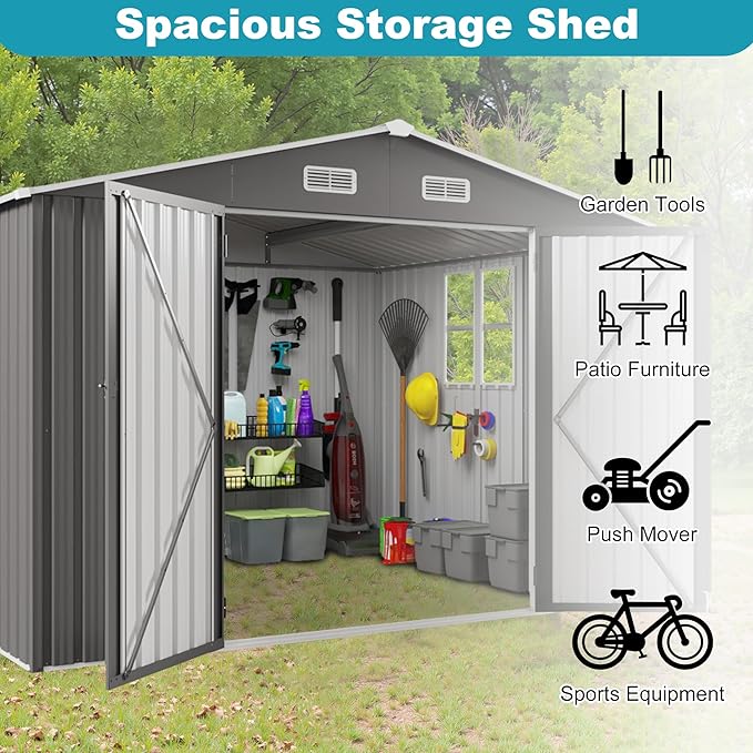 10x8 FT Outdoor Storage Shed, Large Metal Tool Shed with Peaked Roof and Lockable Door, Galvanized Steel Garden Shed with Clear Window for Backyard Garden Patio Lawn, Gray