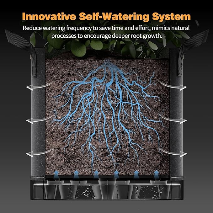 Self-Watering Grow Bags, 5-Pack 10 Gallon 420G Thick Nonwoven Fabric Pots with Reinforced Handles and Multi-Purpose Rings, for Low Stress Plant Training Fruits, Vegetables,and Flowers