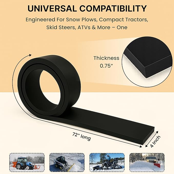 SIMOND STORE - Rubber Snow Plow Cutting Edge – Heavy Duty 72" x 4" x 0.75" Snow Plow Deflector Smooth & Surface-Safe Snow Clearing - Fit for ATV Tractors, Skid Steers & UTVs Snow Pusher Cutting Edge