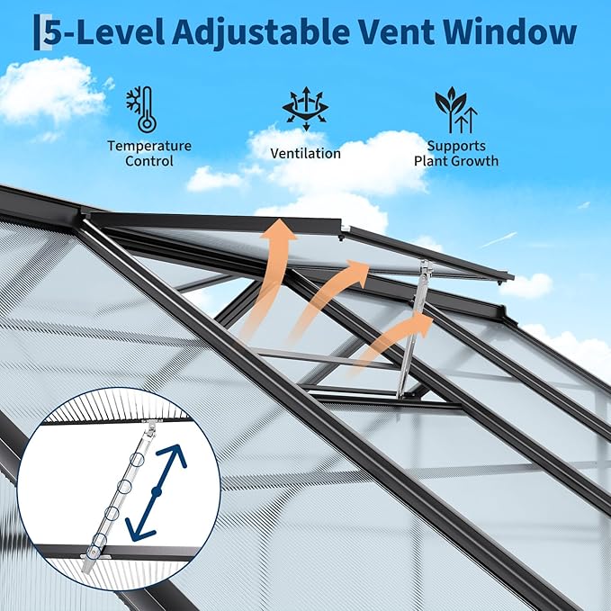 8x16 FT Polycarbonate Greenhouse,Large Walk-in SturdyOutdoor Aluminum Frame Greenhouse with Roof Vent, Lockable Push Door,for Garden, Backyard, Patio & Lawn(Black)