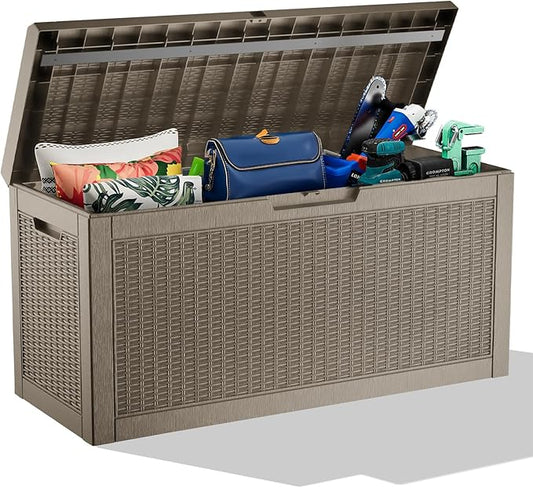 ROJIK Outdoor Storage Housing Deck Box,Waterproof Patio Furniture, Garden Tools, Cushions, Pool Accessories Storage Bench with Lockable Lid and Side Handles (Grey,60 Gallon)