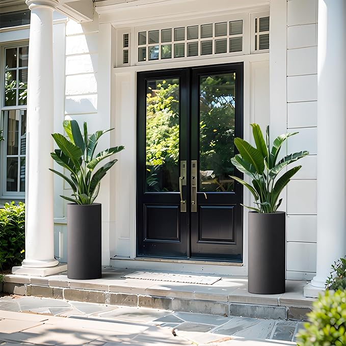 Kante 23.6 Inch Tall Cylindrical Planter, Large Round Plant Pots with Drainage Hole, Made with Concrete, Suitable for Indoor Outdoor Plants, Home Decor, Black