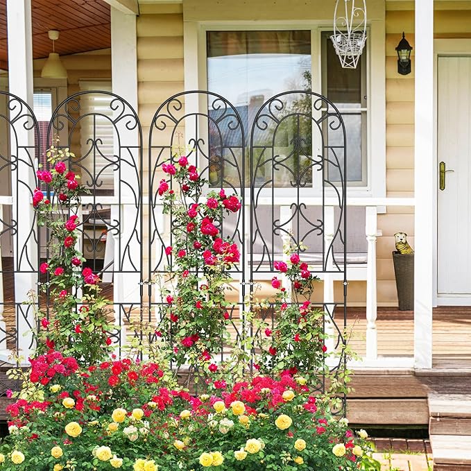 4 Pack Metal Garden Trellis for Climbing Plants, Black Metal Garden Trellis for Vines Plant Rose Vegetable Support,Large Decorative Outdoor Trellis
