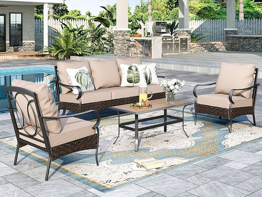 Sophia & William Metal Patio Furniture Set, 5 Seats Outdoor Conversation Set with 3-Seater Sofa, 2 Sofa Chairs, 1 Coffee Table for Seating Lawn Porch Backyard, Beige