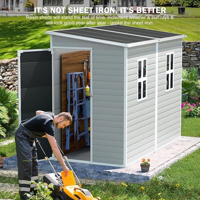 CDCASA 4x8 FT Resin Lean to Shed, Waterproof Outdoor Storage Shed with Floor & Lockable Door & Window, Plastic Tool Shed for Outside, Backyard, Patio, Poolside, Bike, Grey