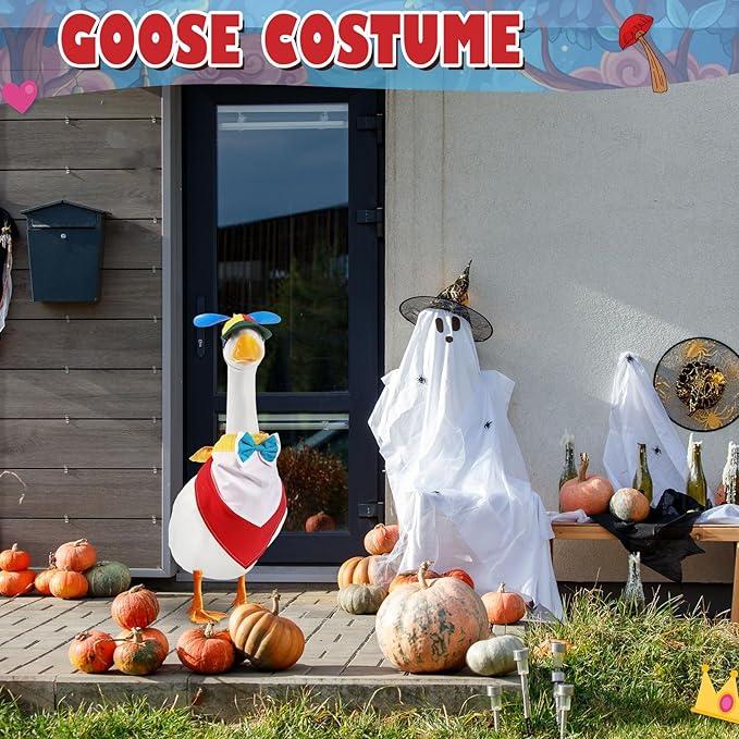 Geyoga 2 Pcs Halloween Porch Goose Outfit Rainbow Helicopter Baseball Cap with Colorful Bandana for 23" Lawn Cement Porch Goose Clothes Halloween Garden Patio Yard Outdoor Decorations