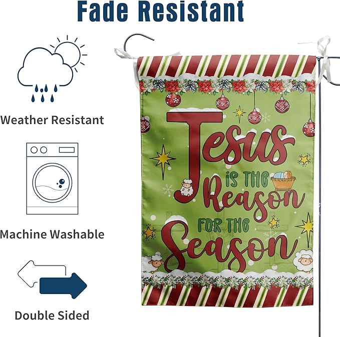 Merry Christmas Flag Jesus is the Reason for the Season Banner Christian Garden Flag Nativity Flags for Outside 12x18 Double Sided Winter Holiday Xmas Yard Outdoor Decoration