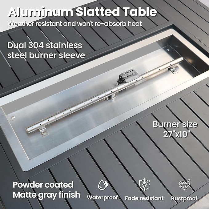 Rectangle Propane Fire Pit Table: 43'' Patio Gas Fire Table 50000 BTU - Rustproof Aluminum Tabletop Firepit Wind Guard Glass Beads - Outdoor Heating for Dining Party Garden Deck - Dark Gray