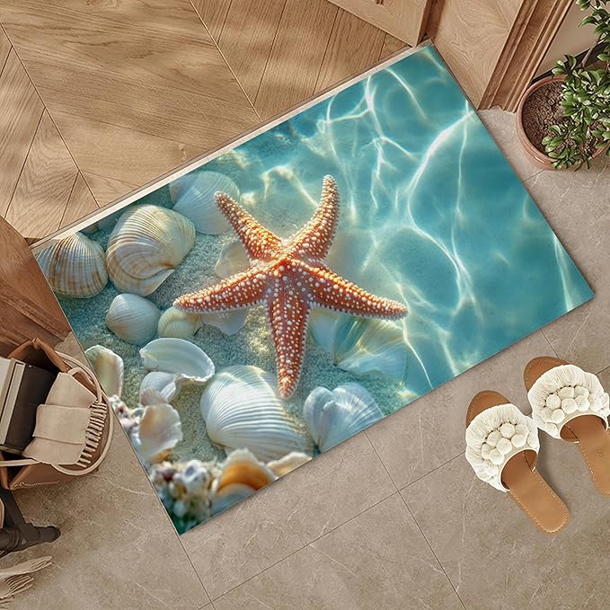 Welcome Mat Indoor,Starfish Front Door Mat,Summer Sea Shells Entryway Rug for Porch Patio Non-Slip Outdoor Entry Doormat for Back Door Outside Entrance Hallways,30 x 17 Inch