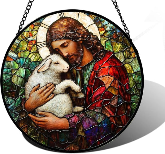 Stained Glass Window Hanging, Jesus Little Lamb Sun Catchers Colorful Glass Panel Christianity Suncatcher Decor for Birthday for Women, Men, Wife, Aunt, and Mom 6.3 in