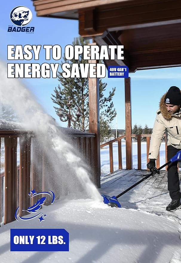 WILD BADGER POWER Electric Snow Shovel 40V 15" Cordless Brushless with 4.0Ah Battery and Charger for Wet Snow and Heavy Snow