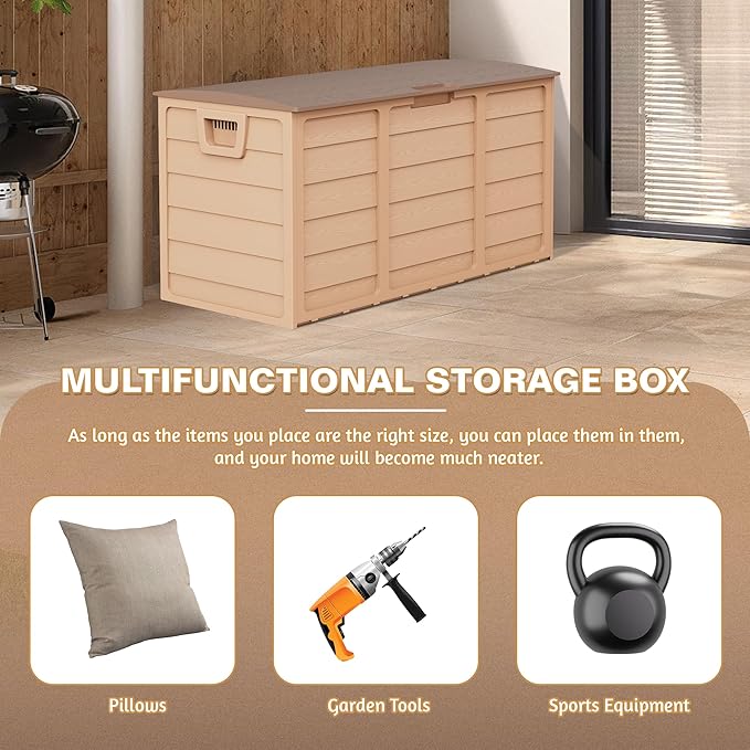 75 Gallon Outdoor Deck Box - Heavy Duty Resin Storage with Lockable Lid, UV Resistant for Patio Furniture Cushions, Pillows (Brown)