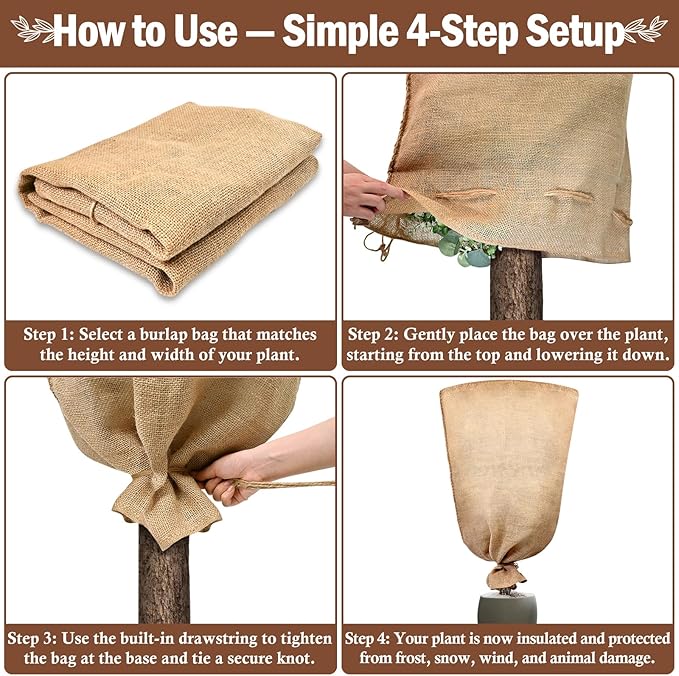 Legigo 3 Pack 40 X 48 Inch Burlap Plant Covers Freeze Protection Bags, Large Winter Plant Frost Covers with Drawstring, Reusable Tree Covers Burlap Frost Cloths Protection for Outdoor Plants Shrubs