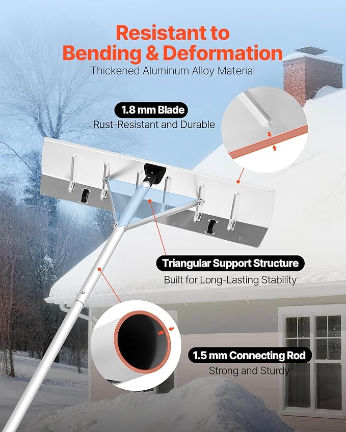 VEVOR Snow Roof Rake, 26 in Aluminum Blade, 7.5-20 ft Adjustable Roof Snow Scraper with Wheels, Anti-Slip Handle Snows Removal Tool, Lightweight House Rooftop Rake for Leaves Debris Removal