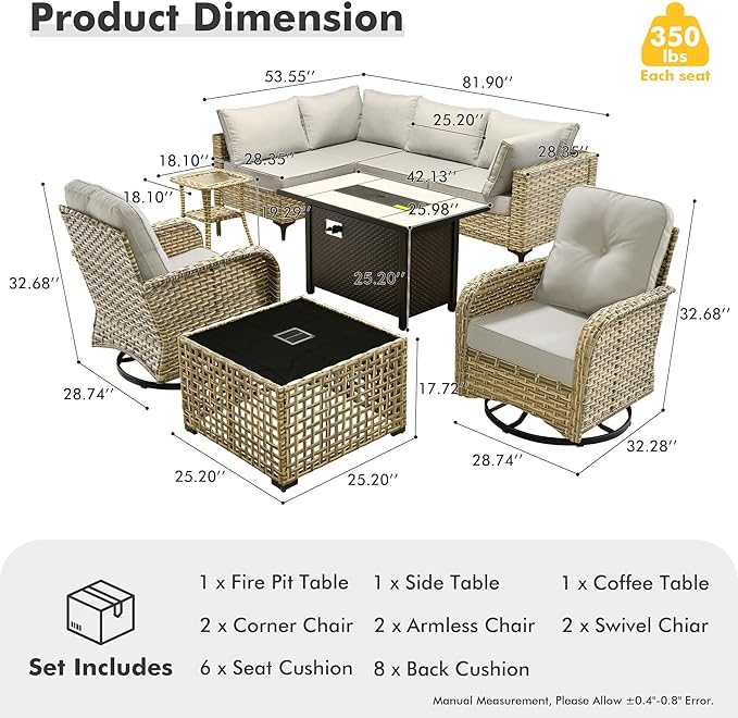 HOOOWOOO Outdoor Patio Furniture Set with Fire Pit Table,9 Pieces Wicker Out Door Sectional Furniture L Shaped Couch,Outside Patio Conversation Sets Swivel Chair,Light Gray