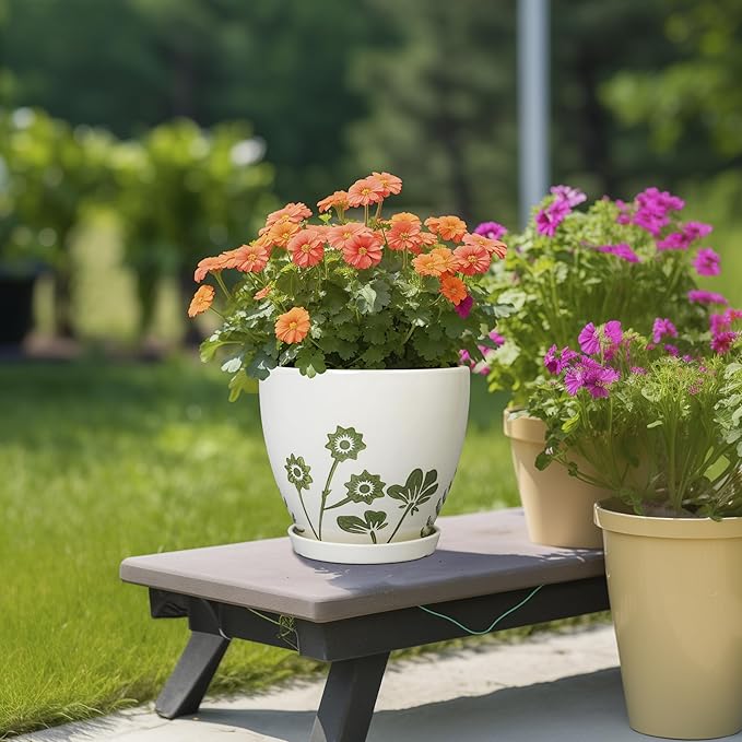 8.2 Inch Plant Pot - Ceramic Planter for Indoor Outdoor Flowers, Boho Round Decorative Indoor Flower Pot with Drainage Hole and Saucer, Gifts for Plant Lovers, Office Garden House Decor, White