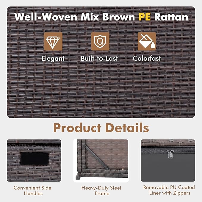 Tangkula 50 Gallon Wicker Deck Storage Box, Patio Rattan Storage Container with 2 Universal Wheels, Safety Pneumatic Rod, Zippered Liner, Sturdy Steel Frame, Ideal for Backyard, Poolside