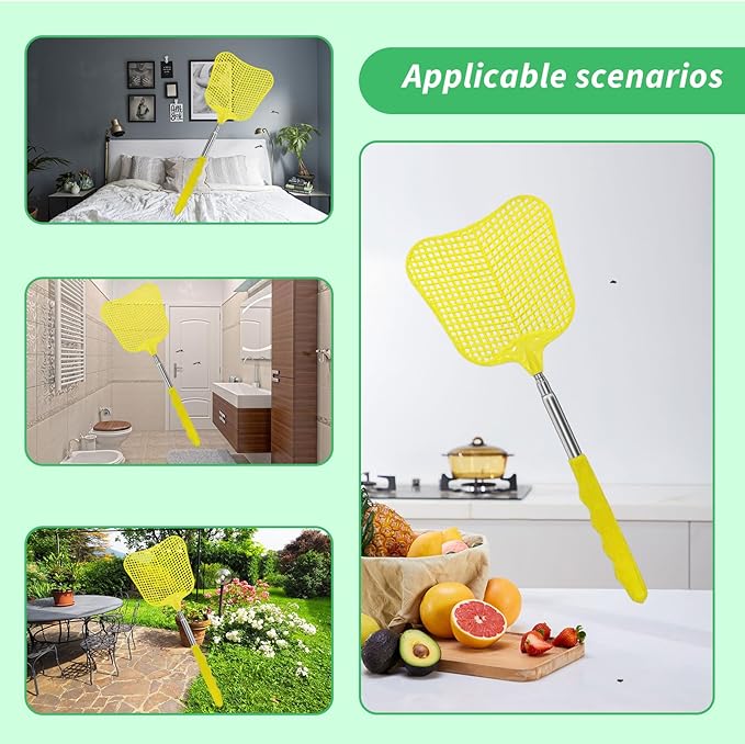 MYSTICHOME Fly Swatter 2 Pack, Durable Heavy Duty Plastic Fly Swatters, Stainless Steel Telescopic FlySwatter for Indoors/Outdoor/Kitchen/Garden (Yellow+Black)