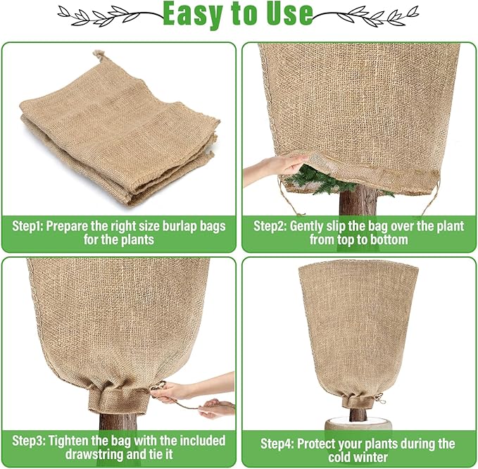 Riare 2 Packs 24 × 40 Inch Burlap Winter Plant Cover Bags with Drawstring- Reusable Large Burlap Sack Plant Frost Protector, Plant Frost Cloth Cold Tree Freeze Blanket for Outdoor Plants Shrubs Fruit