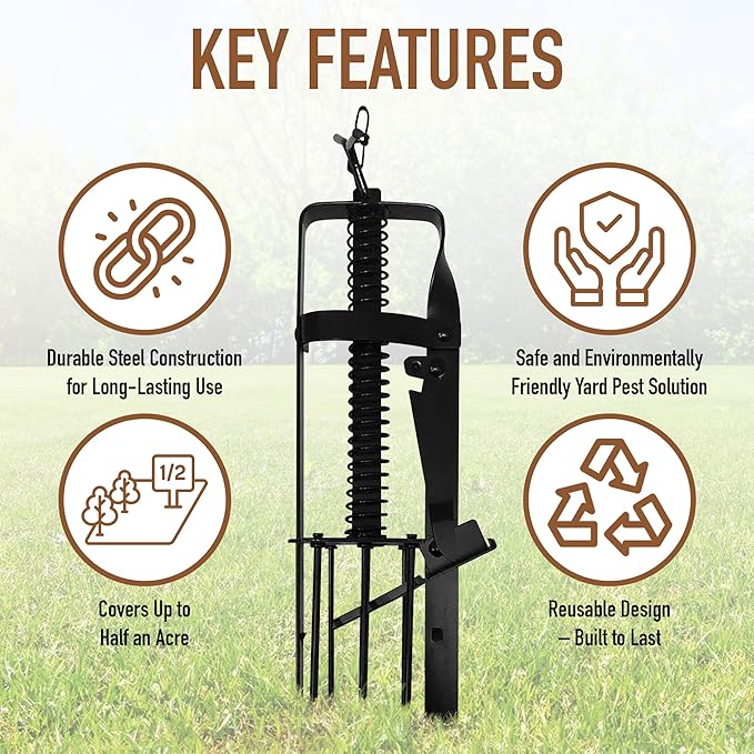 YARDDOG Bite Spikes Plunger Style Mole Trap – Commercial Grade Durable Steel Mole Trap for Lawns, Easy-to-Use Quick Capture Gopher Trap, Effective Plunger Style Mole Killer for Gardens, Black