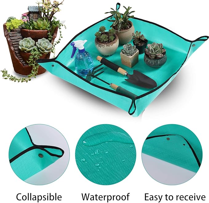 PE Houseplants Repotting Mat, Waterproof Indoor Plant Potting Tray, Foldable Bonsai Repotting Pad, Garden Soil Mess Workspace Tarp for Succulent, Cactus, Aloe Vers, Pothos, 39.4X 39.4
