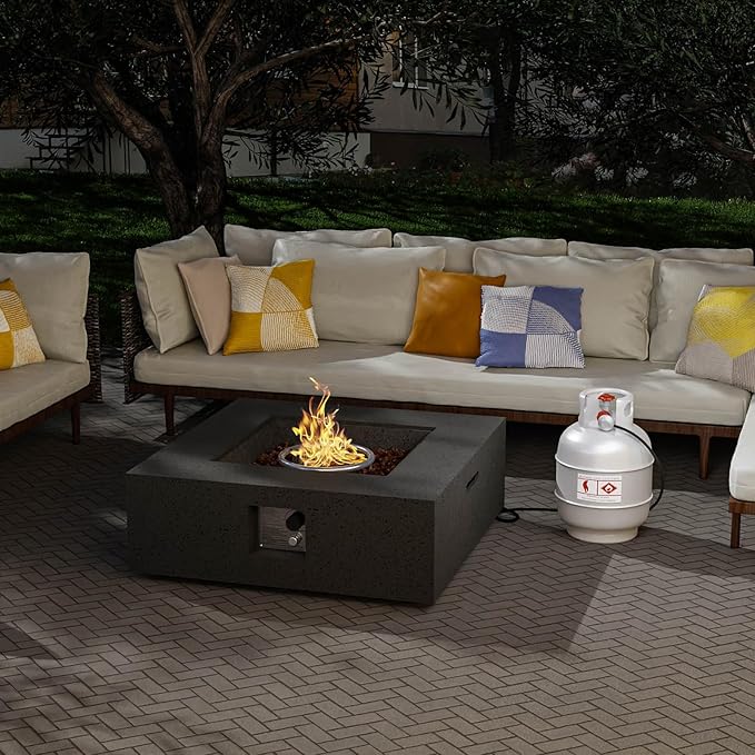 SUNBURY Outdoor Fire Pit, 35" Square Propane Gas Patio Fire Table 50,000 BTU Concrete Travertine Design, CSA Certified, Low Firepit Table with Lava Rocks, Waterproof Cover (Grey)