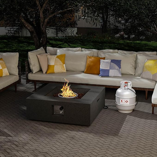 SUNBURY Outdoor Fire Pit, 35" Square Propane Gas Patio Fire Table 50,000 BTU Concrete Travertine Design, CSA Certified, Low Firepit Table with Lava Rocks, Waterproof Cover (Grey)