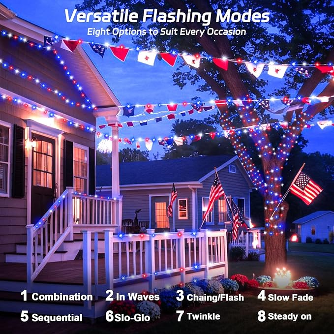 Red White and Blue Solar Fairy Lights, Memorial Day Lights Waterproof Outdoor 39.4ft 120LED 8 Modes Memory Function Independence Day Memorial Day Decorations, CS-SL-5M