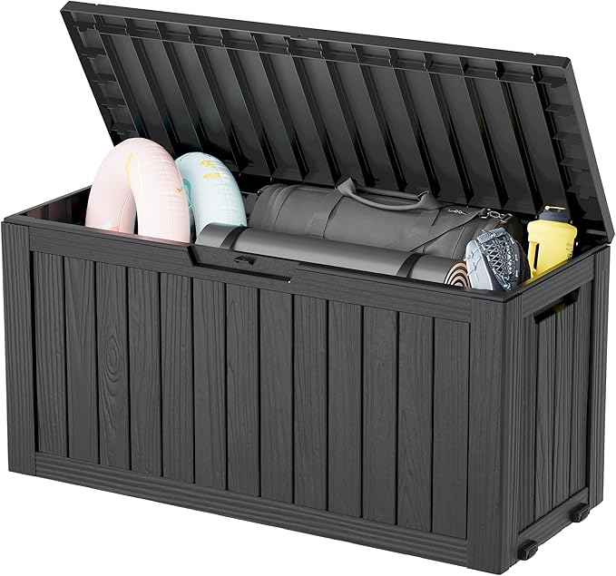 75 Gallon Outdoor Storage Box, Waterproof Resin Deck Box with Lockable Lid, Patio Furniture Side Table & Storage Bin for Package Delivery, Patio Cushions, Garden Tools, Pool Accessories, Black