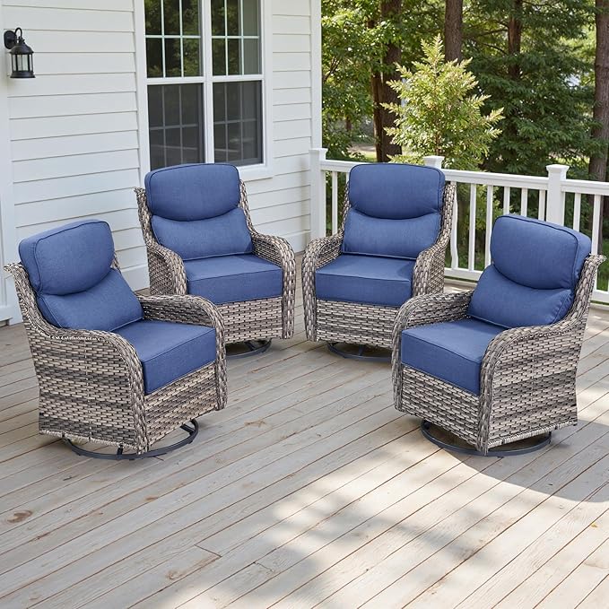 4 Piece Outdoor Patio Swivel Rocker Chairs, Waterproof Wicker, High Back, Deep Seating, Wide Armrest, Upgraded 6 inch Thick Cushions, Ideal for Deck Porch Backyard, Mixed Grey/Blue