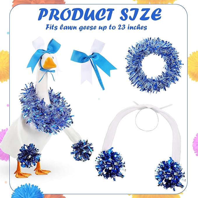 3 Pcs Cheerleader Porch Goose Outfit Poseable Wings with Pom Poms Garland and Bow for 23" Lawn Cement Goose Football Halloween Garden Patio Yard Outdoor Classroom Decorations(Blue)