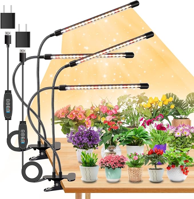4 Heads Grow Lights for Indoor Plants, Full Spectrum LED Plant Lamps with Clips and 120 inch Cables for Seeding Growing(with Adapter)