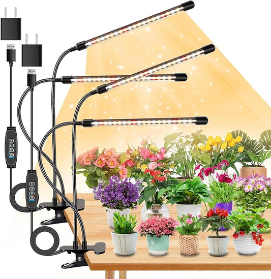 4 Heads Grow Lights for Indoor Plants, Full Spectrum LED Plant Lamps with Clips and 120 inch Cables for Seeding Growing(with Adapter)