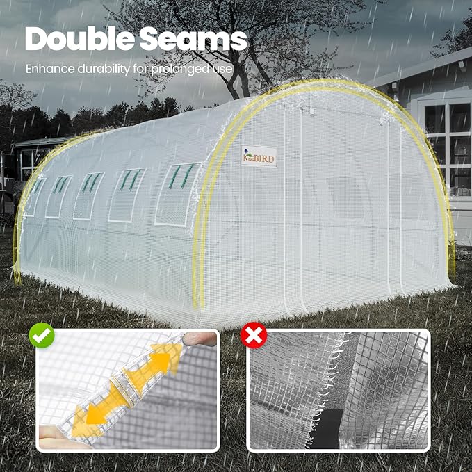 KING BIRD Premium 25x10x6.6FT Greenhouse for Outdoors, Large Walk-in Heavy Duty Galvanized Steel Frame, Mesh Door Screen Window Upgraded Zipper Tunnel Hoop for Garden Plant Winter, White