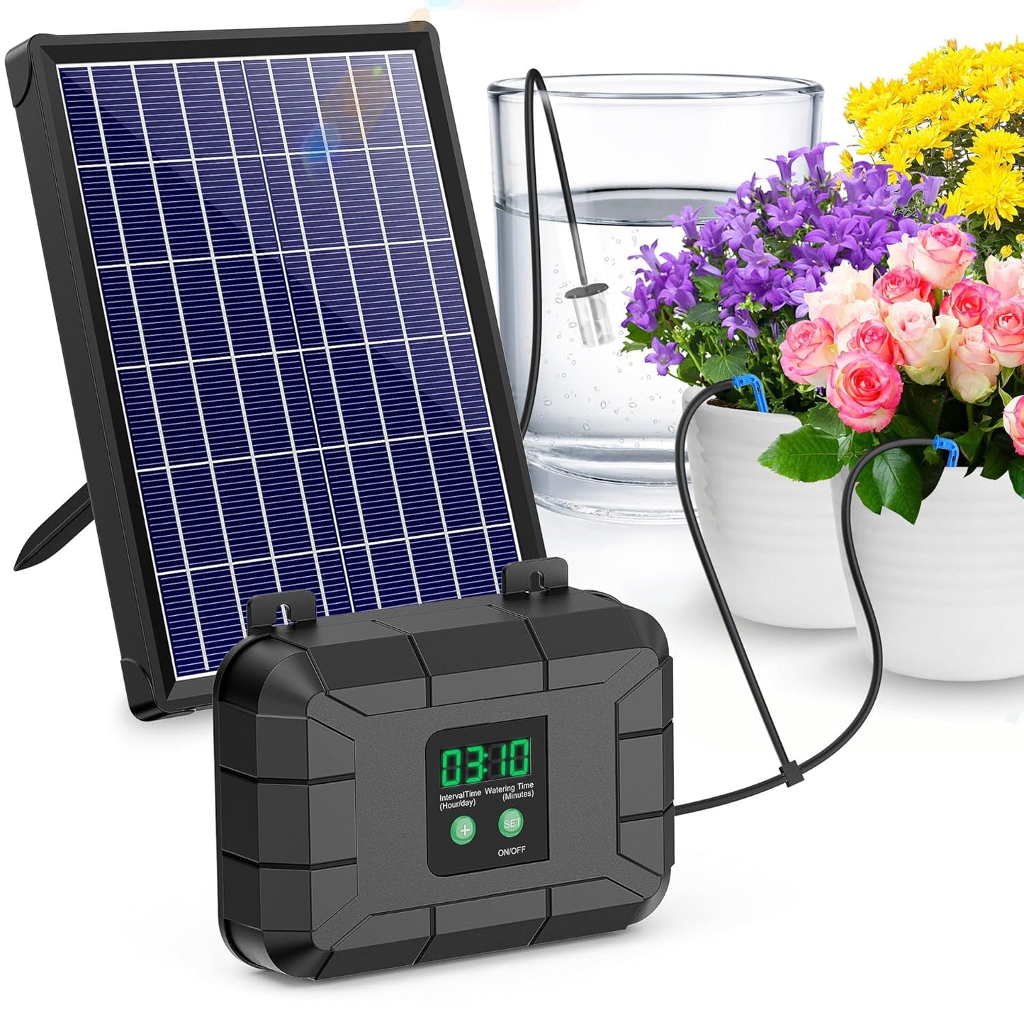 Automatic Drip Irrigation Kit, 8W Solar Irrigation System for Garden with Digital Programmable Timing Modes, Solar Watering System Take Care Your Plants