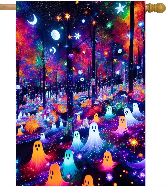 Fantasy Forest Colorful Ghosts Halloween Moon and Stars House Flag 28" x 40" Double Sided Polyester Welcome Large Yard Garden Flag Banners for Patio Lawn Home Outdoor Decor
